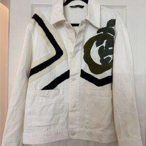 Zara Men White/Cream Jacket with Black and Green Pattern size M